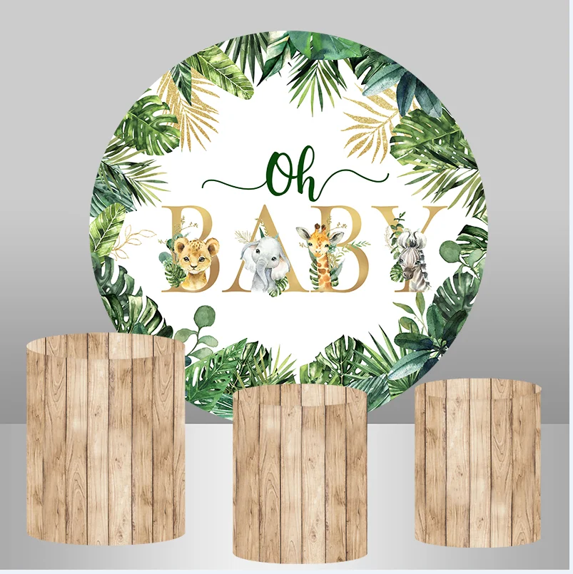 

Sensfun Oh Baby Jungle Theme Party Round Background Circle Photo Backdrop Party Decoration Table Cylinder Cover Elastic