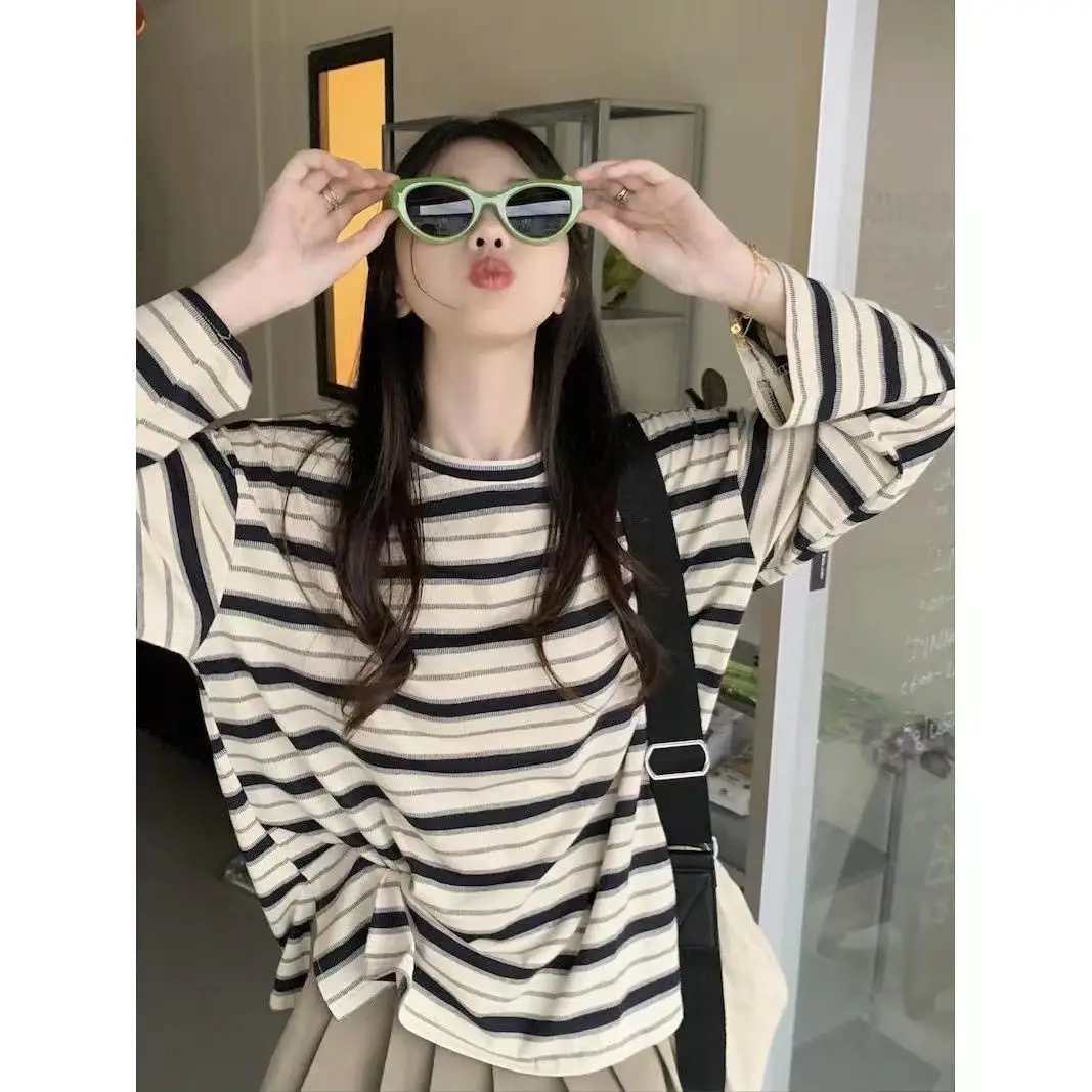 

Loose Striped Women's Long Sleeve Top Casual Oversized T Shirt Streetwear Korean Fashion Clothings Bottom Tops