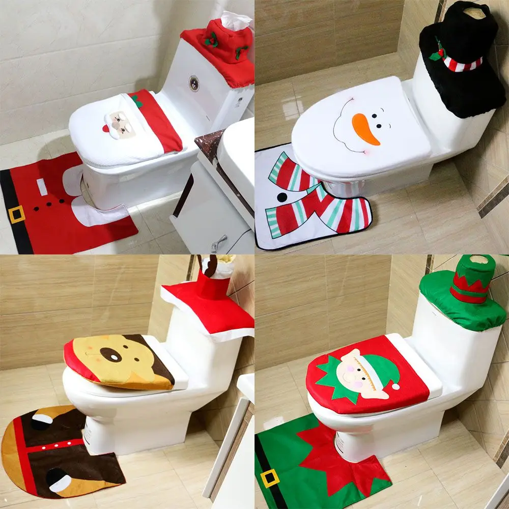

Gifts Elk Home Decoration Snowman Bathroom Layout Toilet Seat Cover Rug Set Toilet Lid Case Bathroom Mat