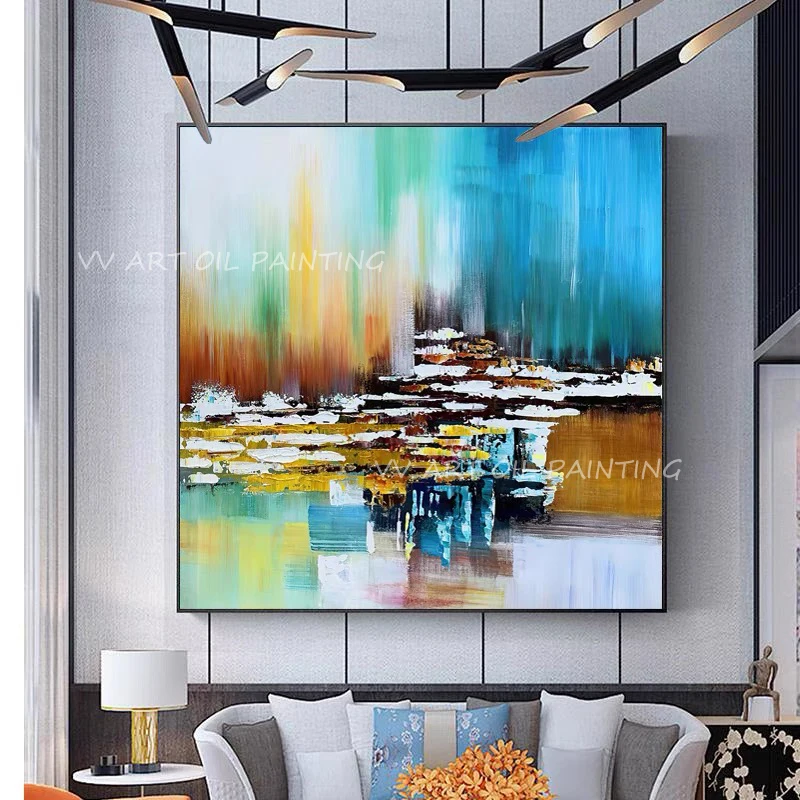 

Handpainted modern colorful blue art abstract art decorative golden picture for living room lienzos cuadros decorativos