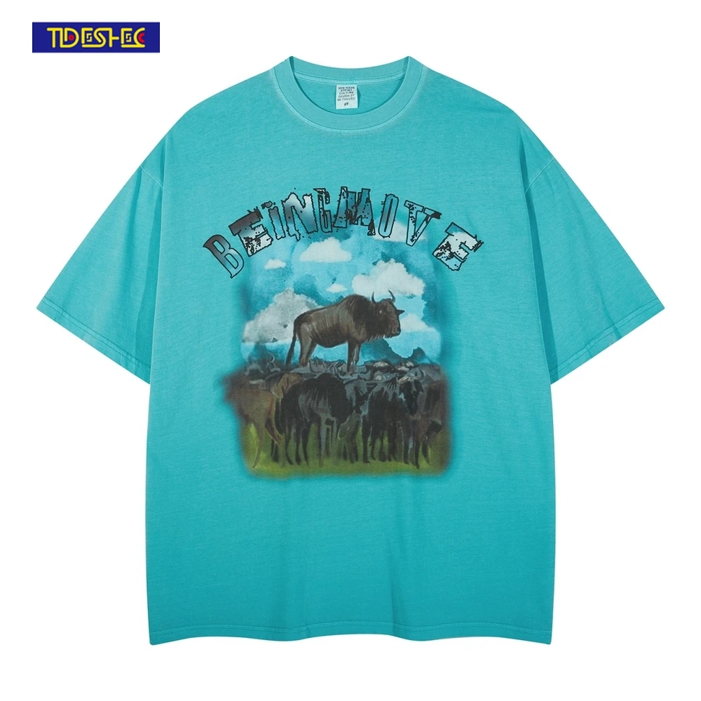 

TIDESHEC Men Tshirt Women Cow Graphic Printed T Shirt Hip Hop Streetwear Washed Tshirt Cotton 2022 Summer Short Sleeve Tops Tees