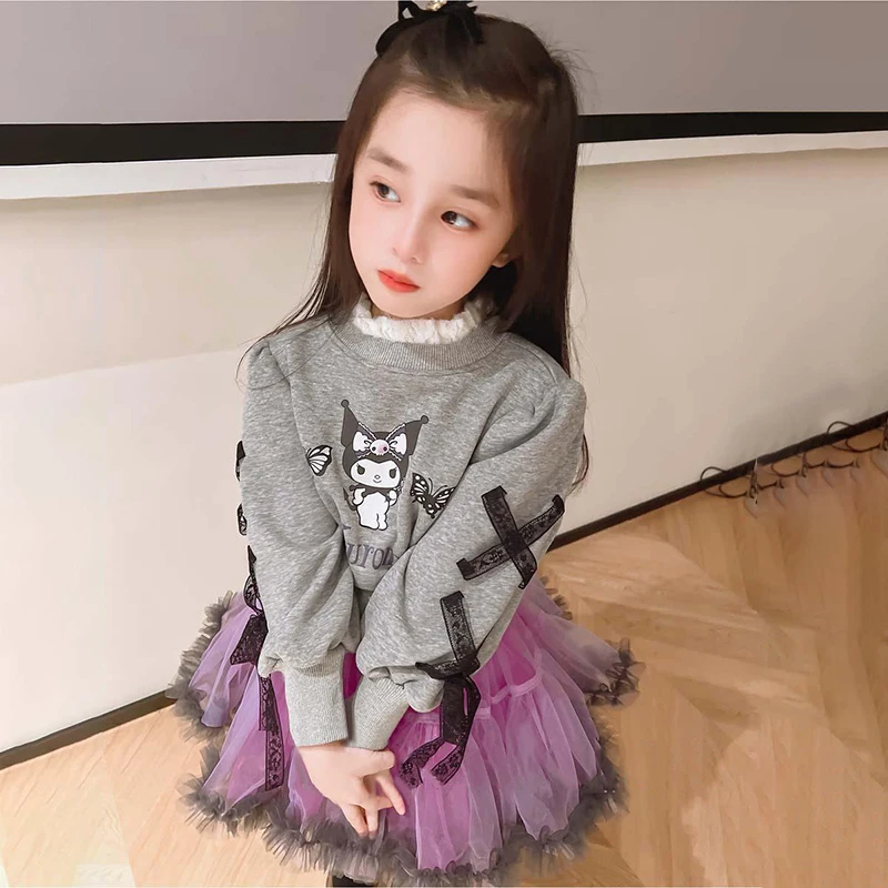 

Spring Autumn Girls Sweat Shirt Baby Hoodies Kids Tops Children Pullover Clothes Fashion Cartoon Print Lace Patch 3-11Y