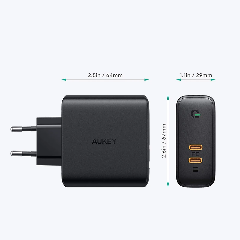 Оригинальный адаптер для быстрой зарядки AUKEY PA-D5 63 Вт двойной порт PD USB-C настенная
