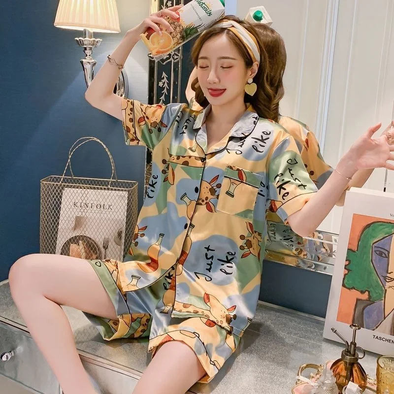 

Pajama Set Summer Lapel Cardigan Ice Silk Short Sleeve Print Pyjamas Two Piece Sexy Pjs Cartoon Pajamas Home Clothes Sleepwear