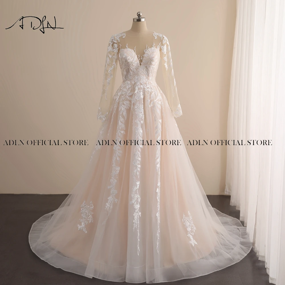 

ADLN Sheer Neck Long Sleeves Wedding Dresses Custom Made A-line Sweep Train Lace Bridal Gown Plus Size Vestido de Novia
