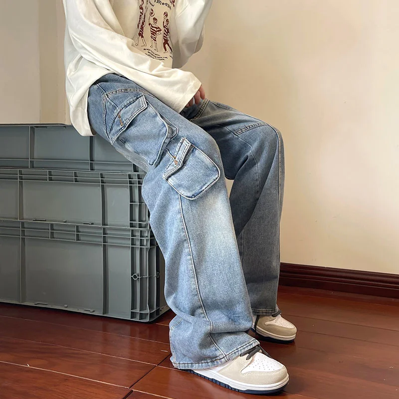 Blue Baggy Jeans Men Fashion Multiple Pockets Cargo Jeans Men Streetwear Hip Hop Loose Straight Denim Pants Mens Trousers M-2XL