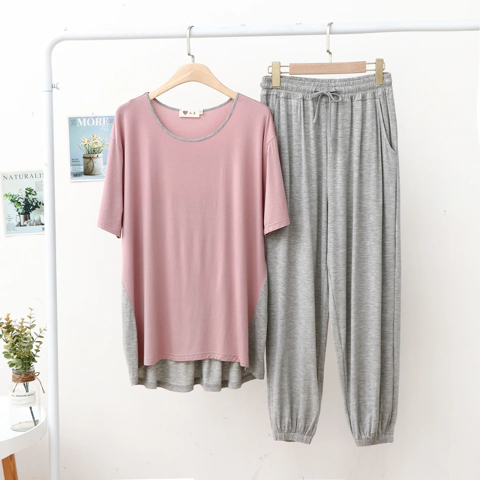 Women Pajamas Modal Tracksuit Spring Cross Splicing Contrasting Colors Short Sleeve Trousers Leisure Comfortable Fashion Suit