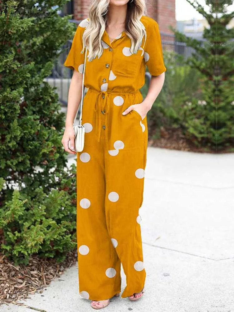 

Summer Short Sleeve Lapel Office OL Overalls ZANZEA Women Polka Dot Printing Jumpsuit Fashion Casual Oversized Holiday Romper