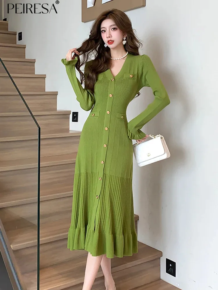 

Женское трикотажное платье с V-образным вырезом, длинным рукавом и оборками