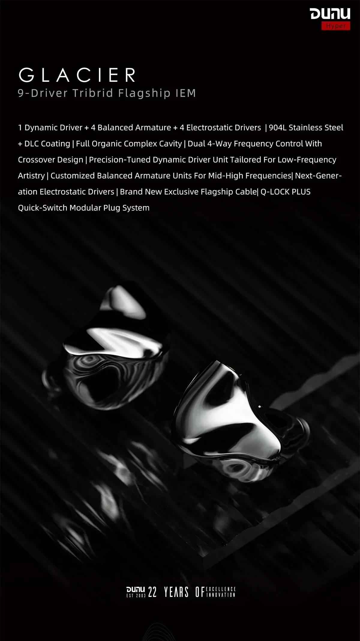 Наушники DUNU GLACIER Flagship IEMs 1DD+4BA+4EST, гибридные внутриканальные наушники с 9 драйверами, со съемным кабелем, проводные, студийные мониторные, для аудиофилов (art.: 3920daa342816) - 3920daa342816