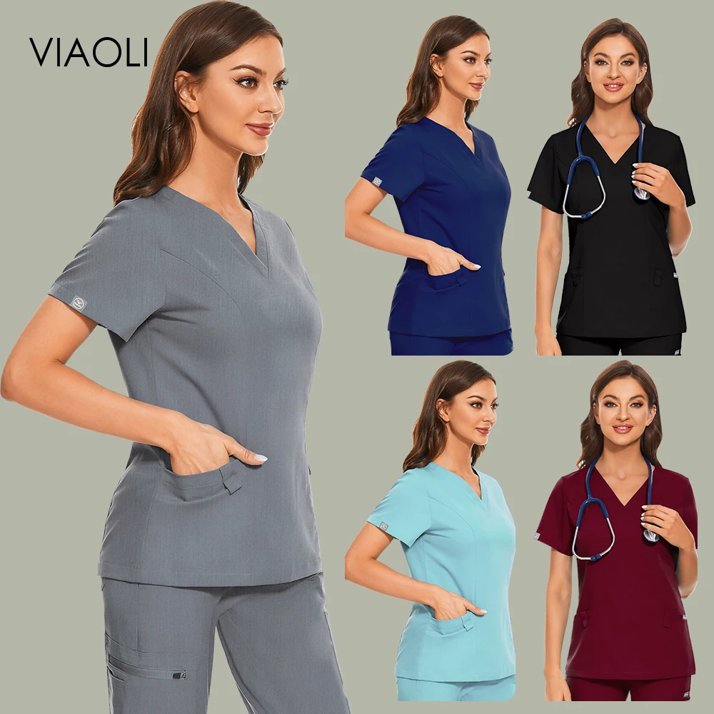 

Nurse Uniform Women Short Sleeve Tops Working Uniform Blouse Hotel Bank Workwear Scrub Nursing Working Clothes Uniform Shirts