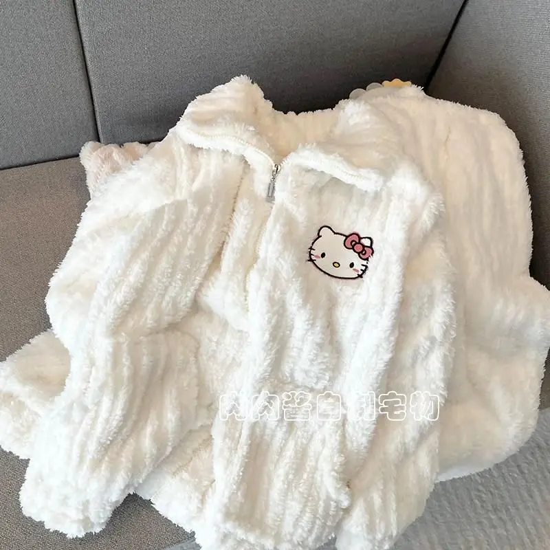 

Кавайная пижама из кораллового флиса Hello Kitty аниме мультфильм Sanrio Зимняя Толстая Домашняя одежда с длинным рукавом Студенческая теплая Домашняя одежда на молнии