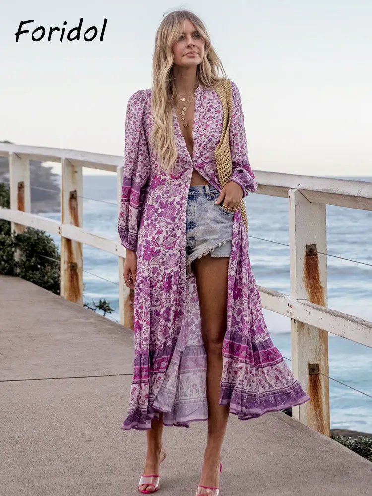 

Positioning Printing Single Breasted Rose Red Rayon Women Bohemian Maxi Summer Dress Long Sleeve Spring New Casual Holiday Robe