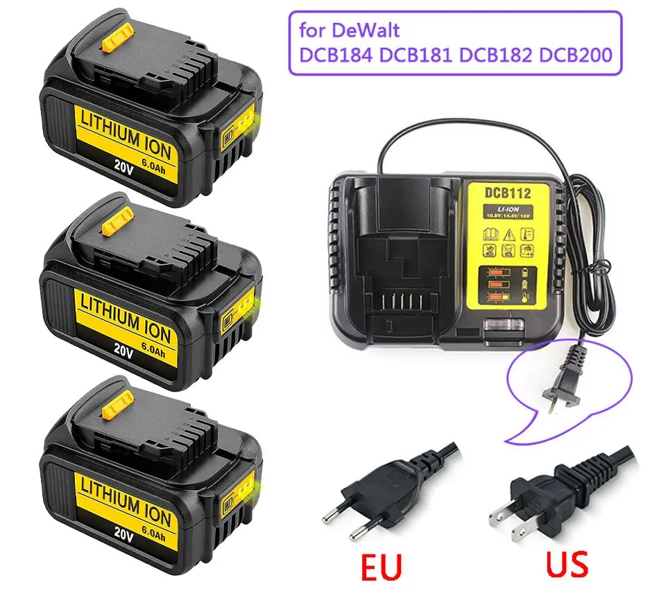 

New 20V 6.0Ah MAX XR 18650 Battery Power Tool Replacement for DeWalt DCB184 DCB181 DCB182 DCB200 20V 6A 18V Battery With Charger
