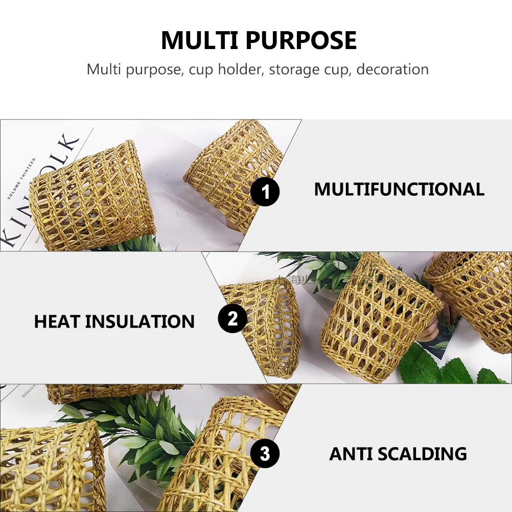 

Cup Holder Sleeve Bottle Woven Rattan Cover Water Drink Coffee Straw Basket Sleeves Makeup Handwoven Wicker Brush Insulated
