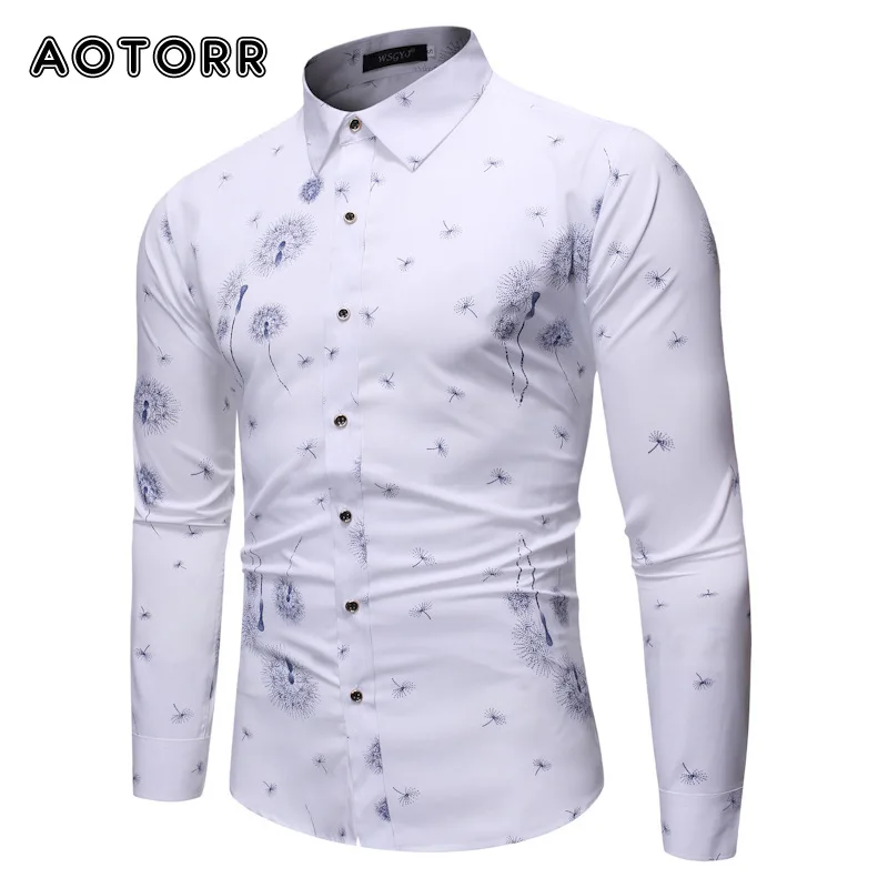 

Fashion Men Shirt Long Sleeve Slim Fit Business Shirt Turn Down Collar Spring Autumn Mens Single-breasted Polo Shirt Top Printed