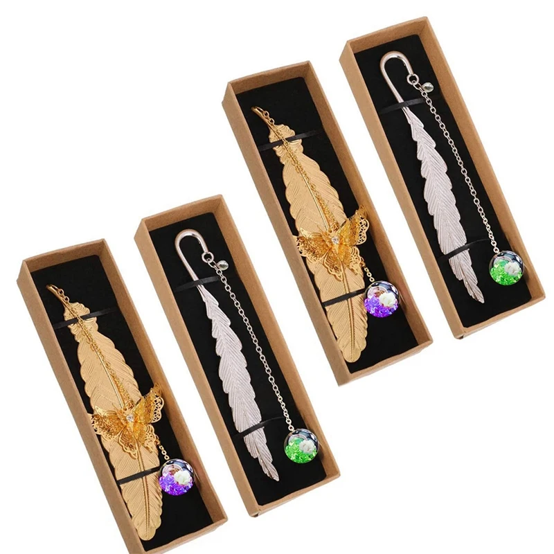 

4 шт. металлические закладки с перьями, с 3D бабочкой и стеклянными бусинами, Вечные кристаллы, подвеска, подарок для друзей, студентов