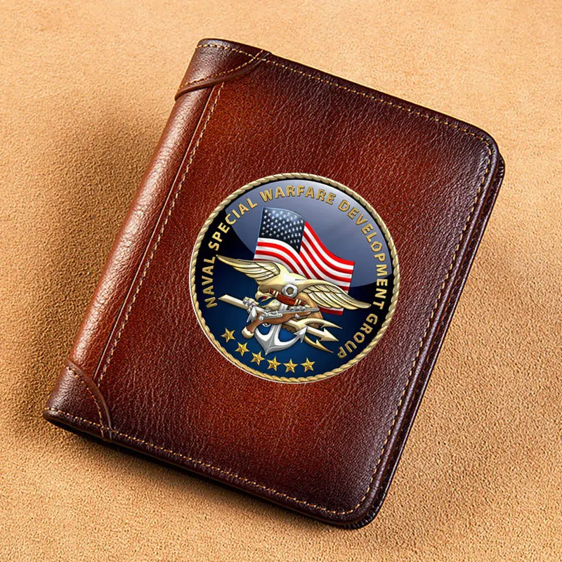 

High Quality Genuine Leather Men Wallets Naval Special Warfare Development Group Short Card Holder Purse Luxury Male Wallet