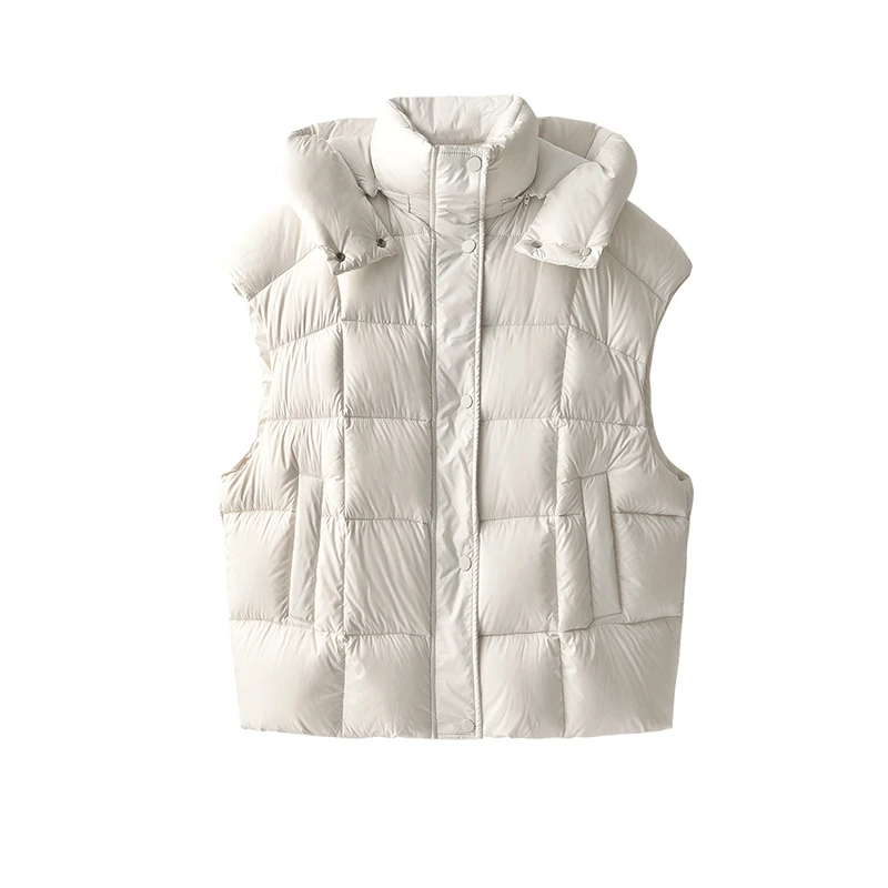 Winter Light 90%  White Goose Down  Sleeveless Vest  Zipper  Hat Detachable  Pockets  Winter Jacket Women Coat  Casual