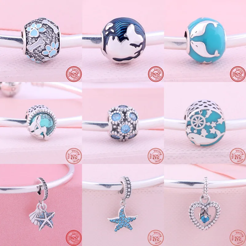 

New 925 Silver Stars Seahorse Feather American Football Pendant Sky Blue Fashion Beads Fit Pandora Bracelet DIY Original Jewelry