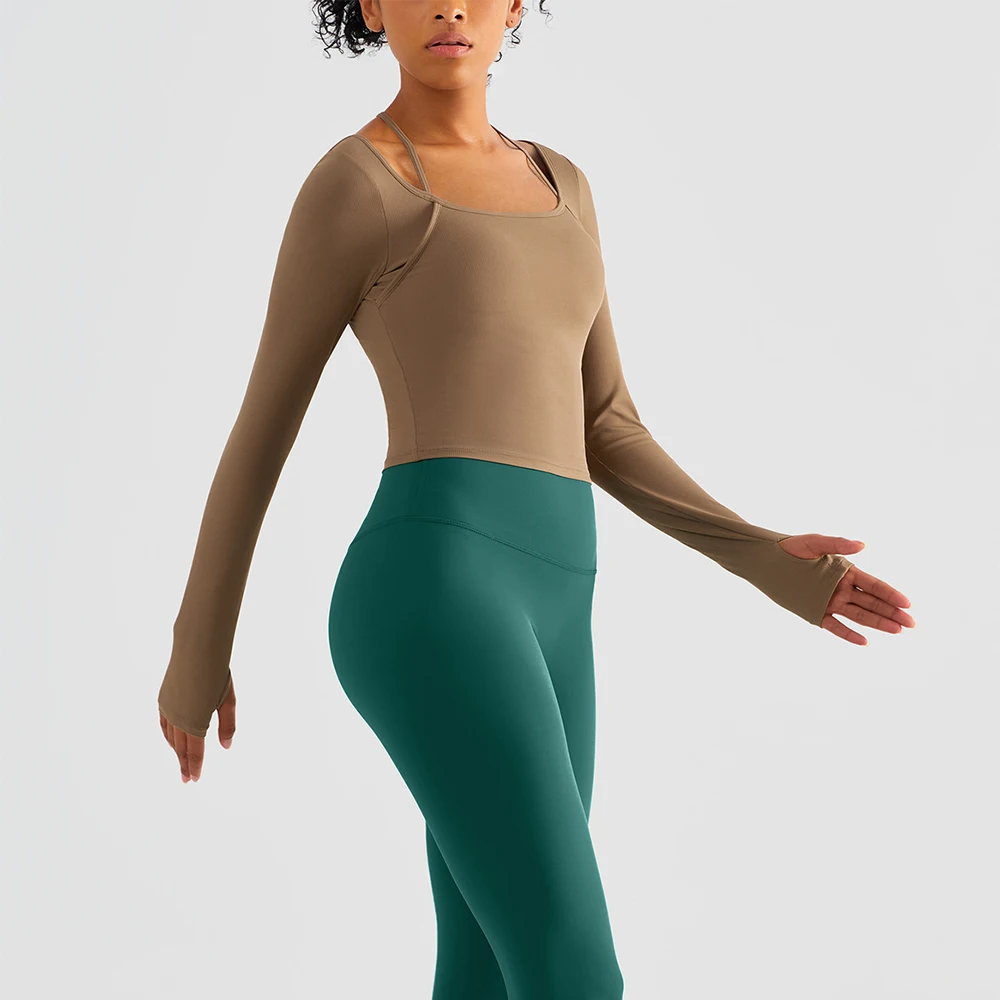 Yoga Shirts Gym Top Women Long Sleeve with Finger Tights Ribbed Sexy Neck Style Sportswear Women Sports T-shirt Yoga Top