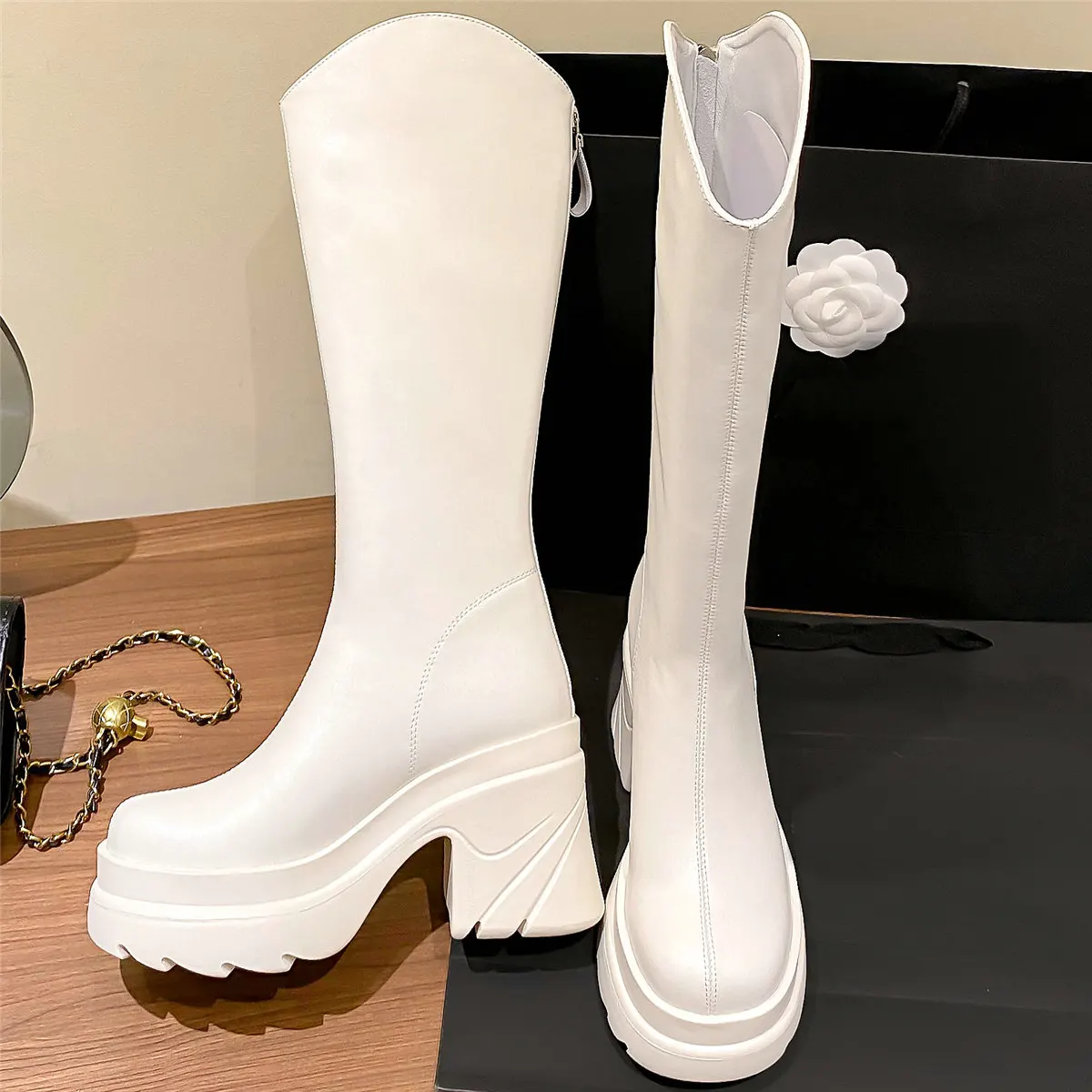 

2023 Winter Fashion Sneakers Women Genuine Leather Chunky High Heel Knee High Boots Female Round Toe Platform Pumps Casual Shoes