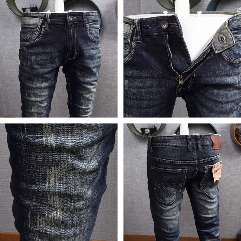 Fashion Designer Men Jeans High Quality Retro Black Blue Stretch Slim Fit Ripped Jeans Men Vintage Casual Denim Pants Hombre