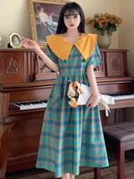 women green gingham shirtdress yellow pater pan collar patchwork contrast color one piece robe girls summer dress korean style
