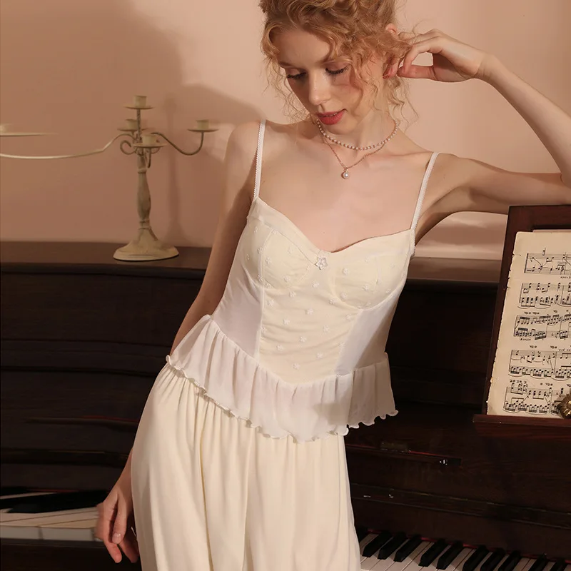 Women Spring Summer Sexy Lace Breathability Sling Cardigan with Chest Pad Gauze Modal Lounge Pajama Sets Three Piece Sleepwear