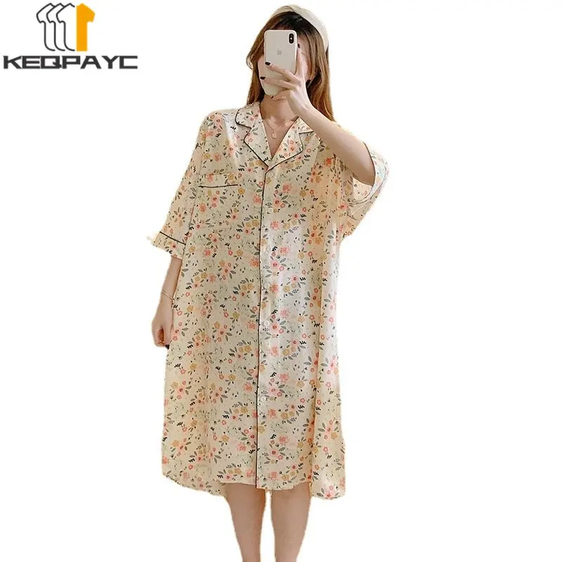 New 2023 Women's Sweet Nightgowns Spring Autumn Women Fashion Lapel Floral Thin Loose Shirtdress Sleepwear Casual Pajamas