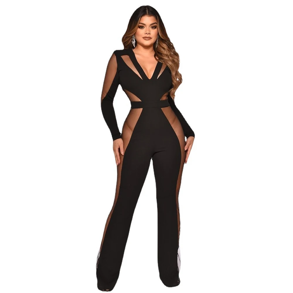 

Zoctuo Slim Jumpsuits Women's Mesh Sexy Long Sleeve V-neck Rompers Jumpsuit Wide Leg Pants One Piece Overalls Outfit Black New