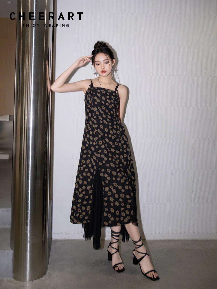 

Винтажное цветочное черное коричневое платье-комбинация CHEERART для женщин Лето 2023 ТРАПЕЦИЕВИДНОЕ длинное дамское платье средней длины корейская мода одежда