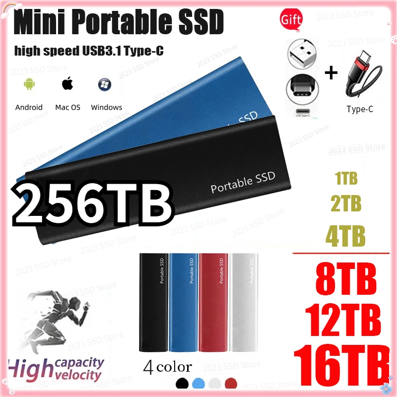 

2023 Portable 256TB Solid State Hard Drive USB3.1/TYPE-C Interface SSD High Memory Hard Disks for Notebook/desktop/mobile Phone