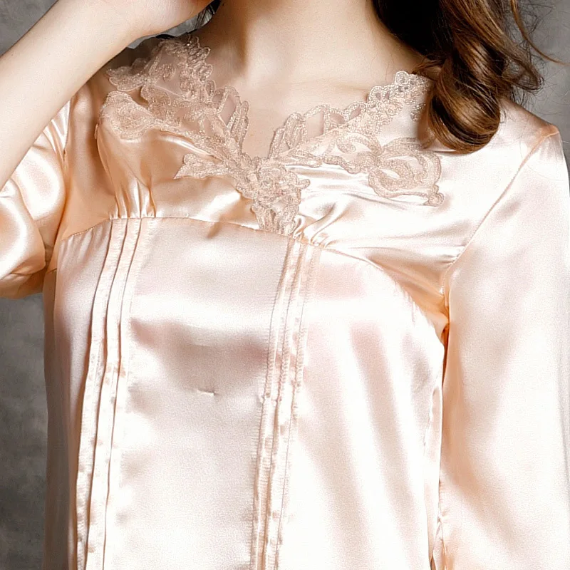 2022 NEW Summer 22mm 100%Silk Pajamas Set Women Silk Homewear Sleepwear Pink Pearl High Quality Clothing