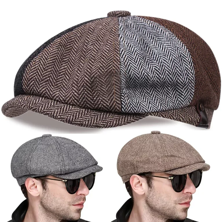 

2021 Creative Newsboy HatMen Octagonal Splicing Tweed Beret Herringbone Gatsby Hats Street Caps Outdoor Autumn Winter Berets