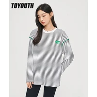 toyouth women tees 2022 autumn long sleeve o neck loose t shirt 100 cotton black white stripes casual streetwear tops