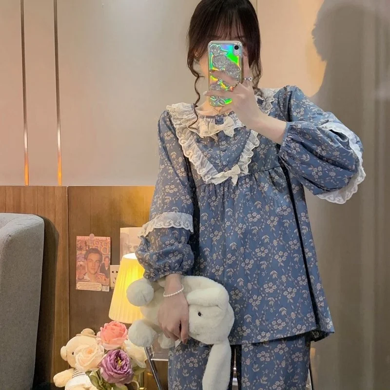 QWEEK Sleepwear Set Woman 2 Pieces Pajamas Vintage Ruffles Bow Pyjamas Nightwear Pijamas Trouser Suits Spring Autumn Home Wear