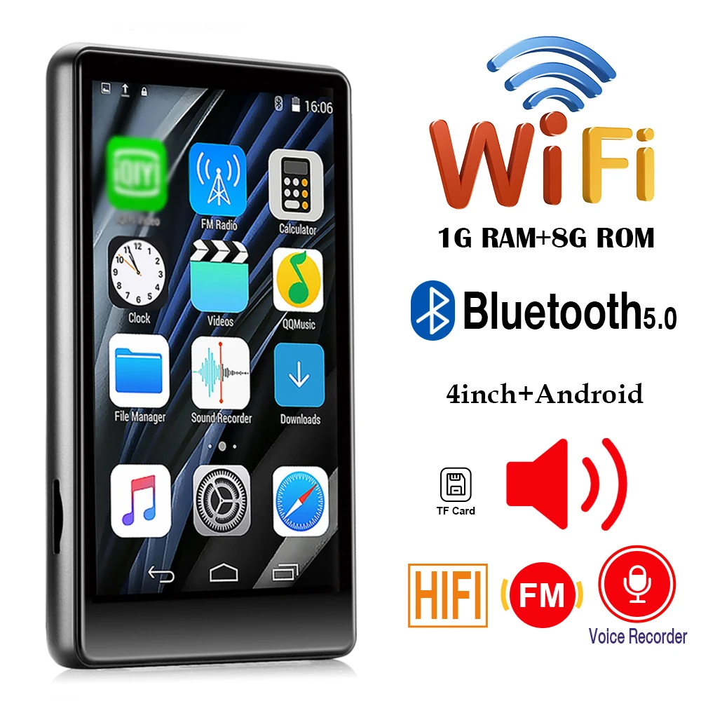 4.0 Inch Full Touch Screen WiFi MP4 Player Portable Bluetooth-Compatible HiFi Sound Music Speaker FM Radio Recorder Built-In 16G