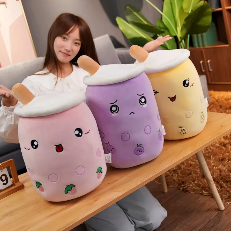 

50cm Cute Fat Fruit Drink Plush Toy Soft Stuffed Pink Strawberry Taste Milk Tea Hug Pillow Tapioca Balls Bubble Tea Cushion