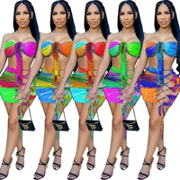european and american sexy womens fashion personality print wrap chest strap skirt two piece set