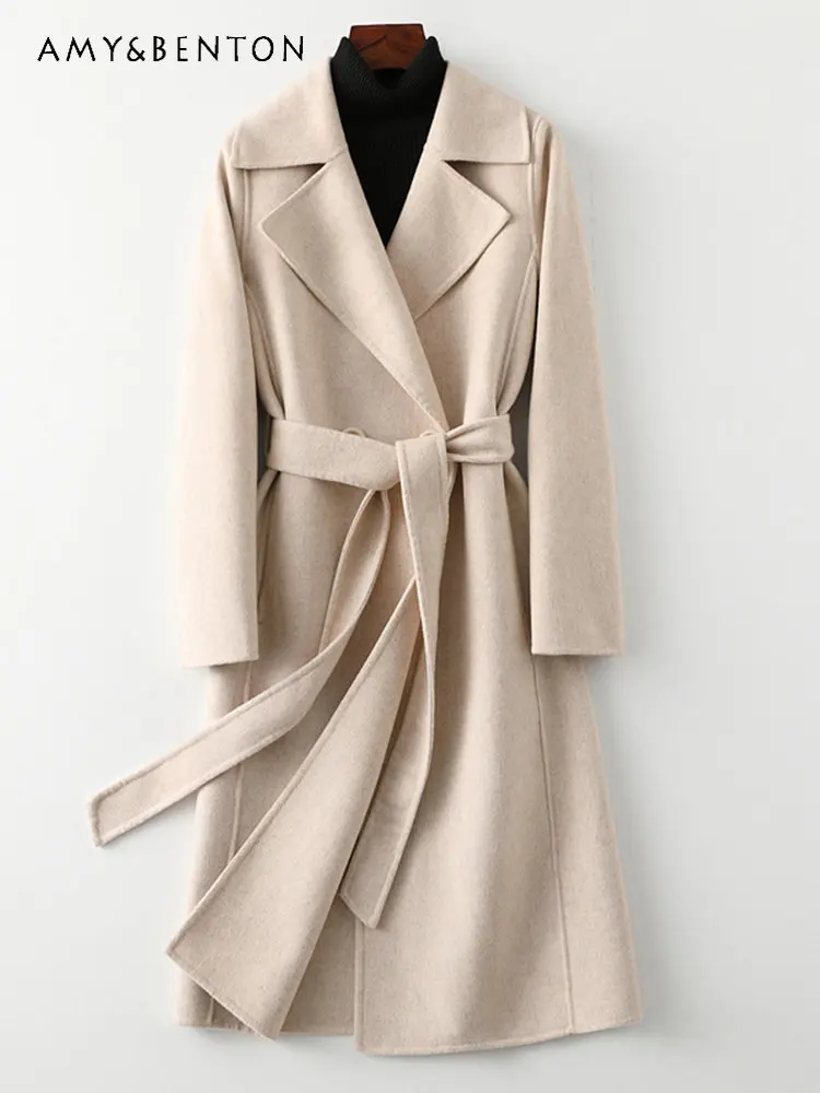 

Однотонное двустороннее кашемировое пальто, женское новое шерстяное пальто средней длины, шерстяное пальто выше колена, Осень-зима