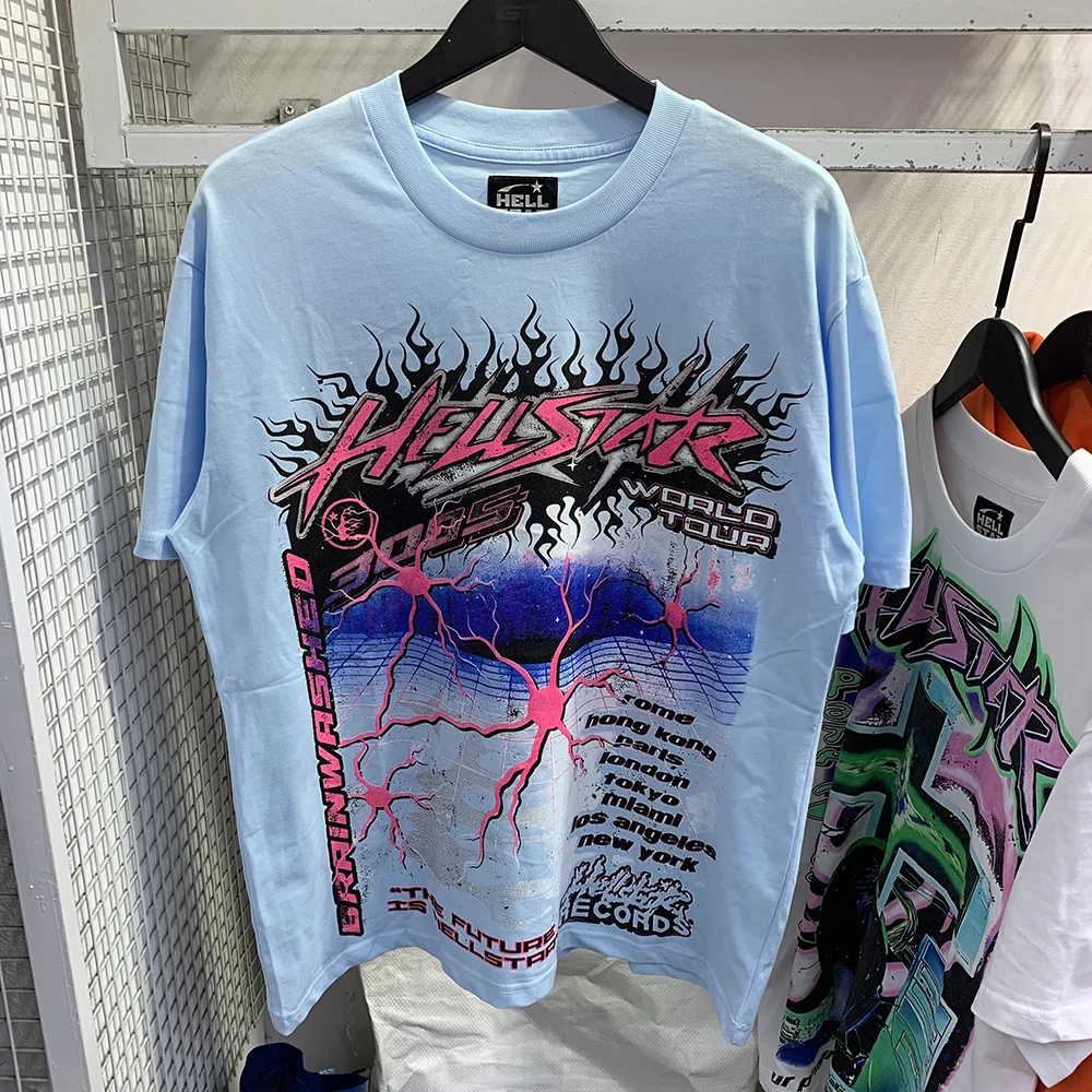 

New Y2K Hellstar New Rap Surrounding T-Shirt Lightning Print Visual Effect High Street High Quality 1:1 Cotton Top Short Sleeve