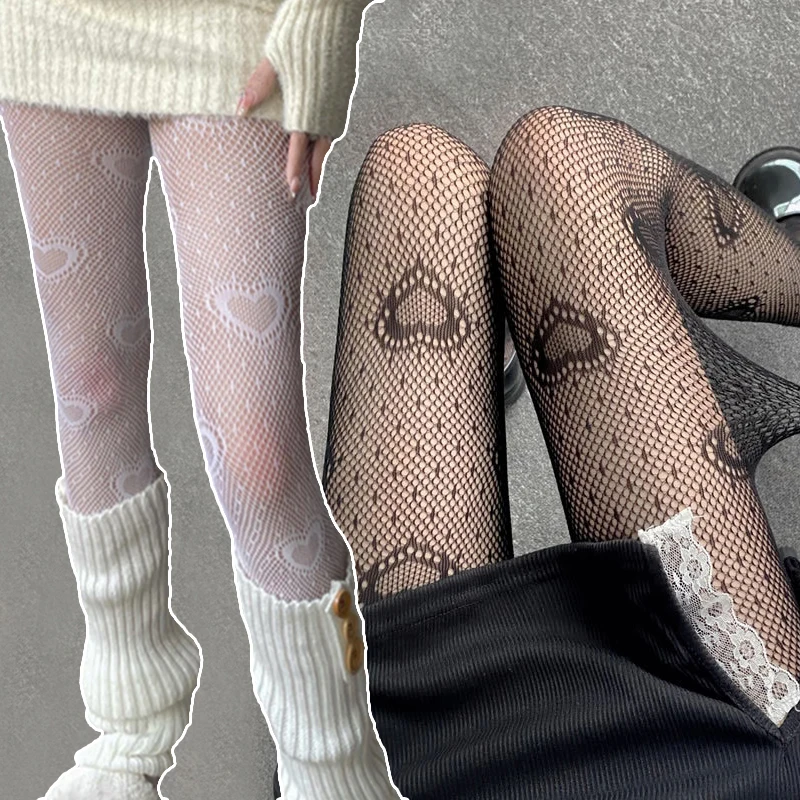 

New Heart Flower Mesh Japanese Girl Lolita Ins Tights Stockings White Fishnet Pantyhose Female For Women Summer Legging Stocking