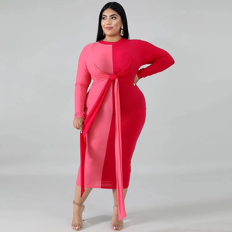 Plus Size Women's Dress Autumn/Winter 2022 New Clean Color Contrast Tight Wrap Hip Sexy Strap Long Dress Temperament Commuter