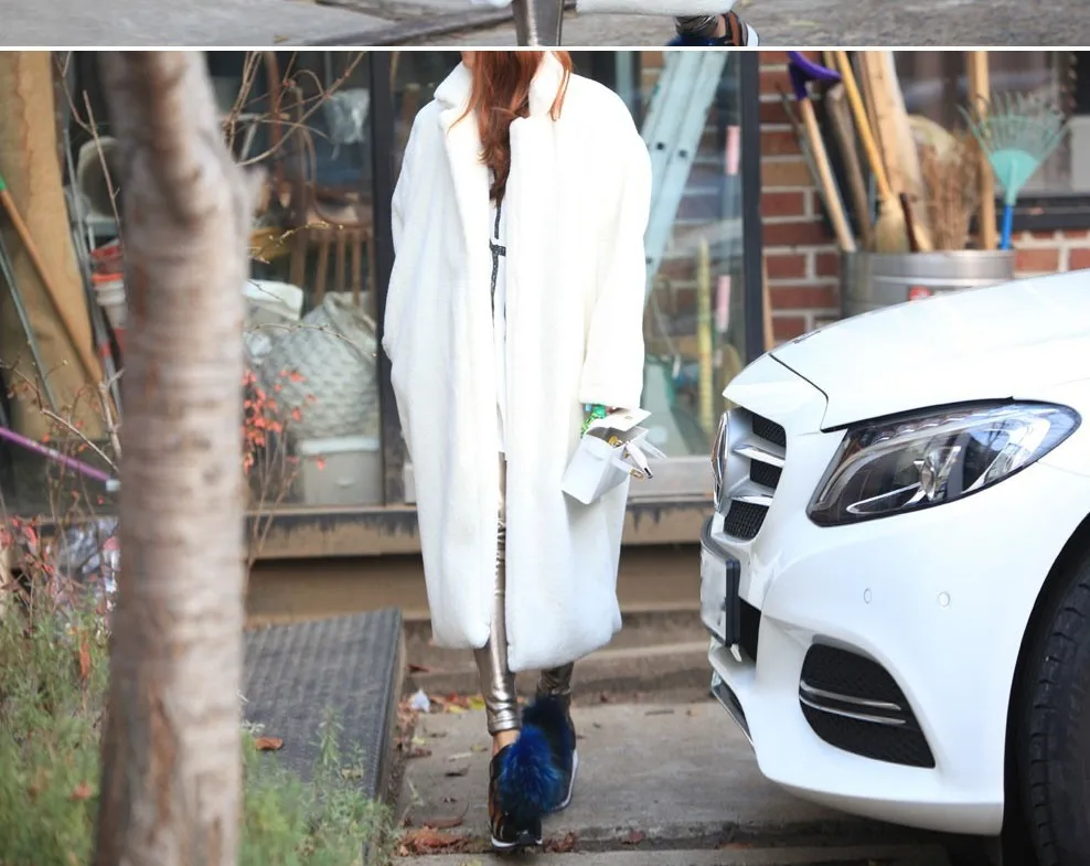 Black White Fur Coat Long Coat Fashion Lapel Loose Thick Warmth Imitation Rabbit Fur Jacket Women 2021 Winter Street Warm Furry