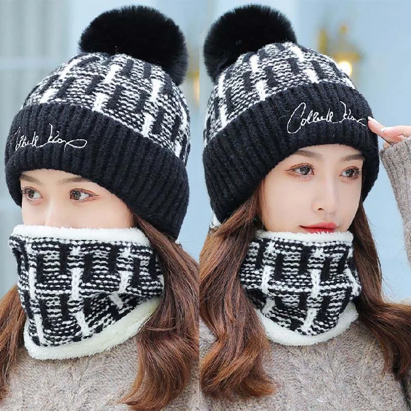 

Winter Warm Knitted Beanies Hats and Scarf Set Women Gril Thicken Beanie Skullies Cap Female Knit Bonnet Beanie Caps Riding Sets