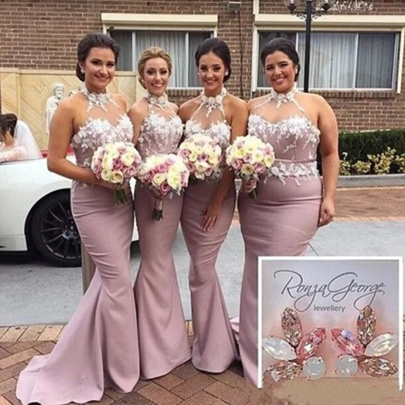 

Сексуальные розовые платья для подружек невесты с лямкой на шее с длинным шлейфом