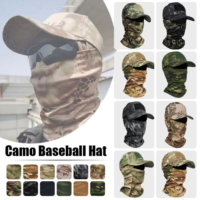 2Pcs Set Camouflage Baseball Cap +Face Neck Mask Military Hood Men Women Outdoor Balaclava Camping Hiking Fishing Sports Hat Sun