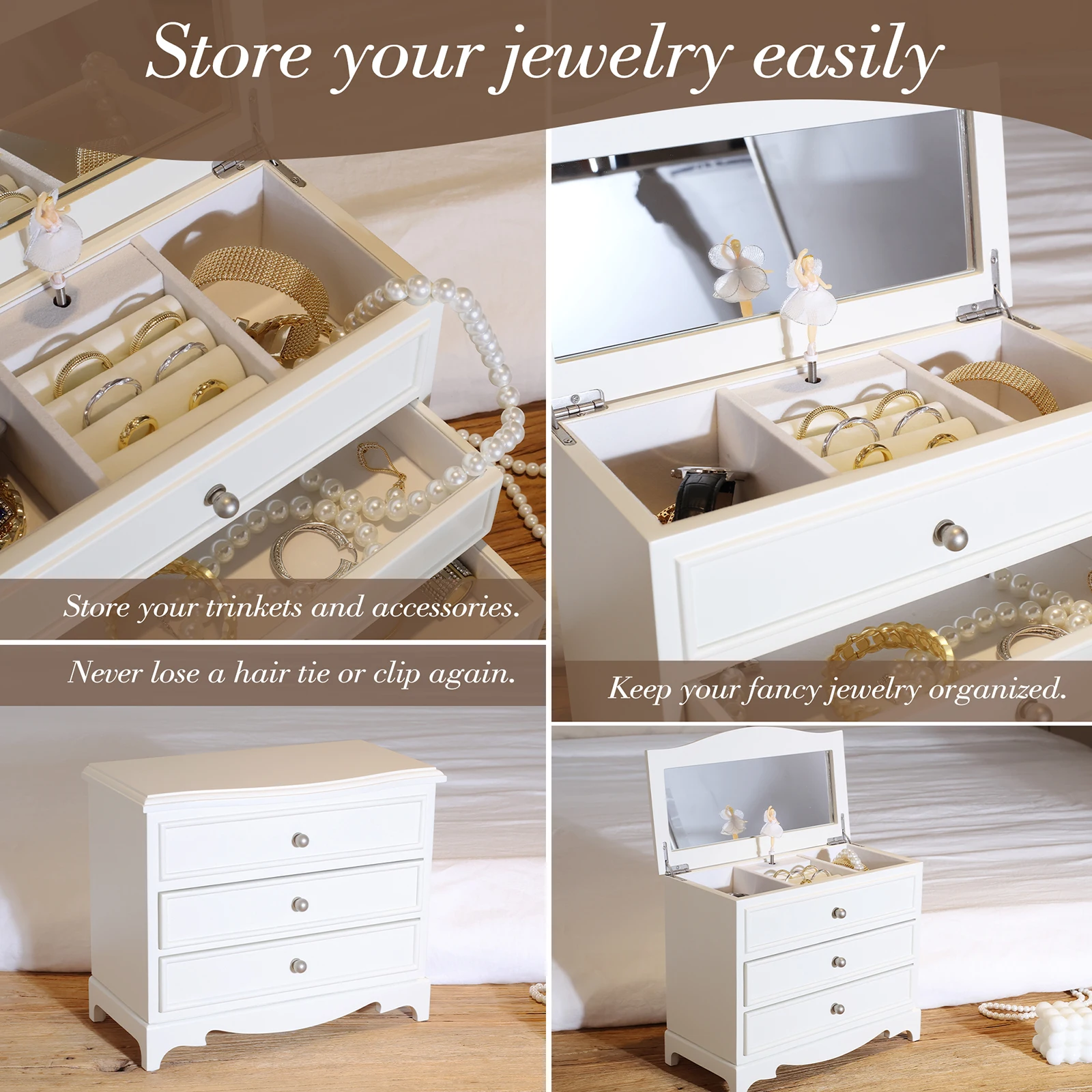 Подарочная белая музыкальная шкатулка Jozen с зеркалом и ожерельем для девочек