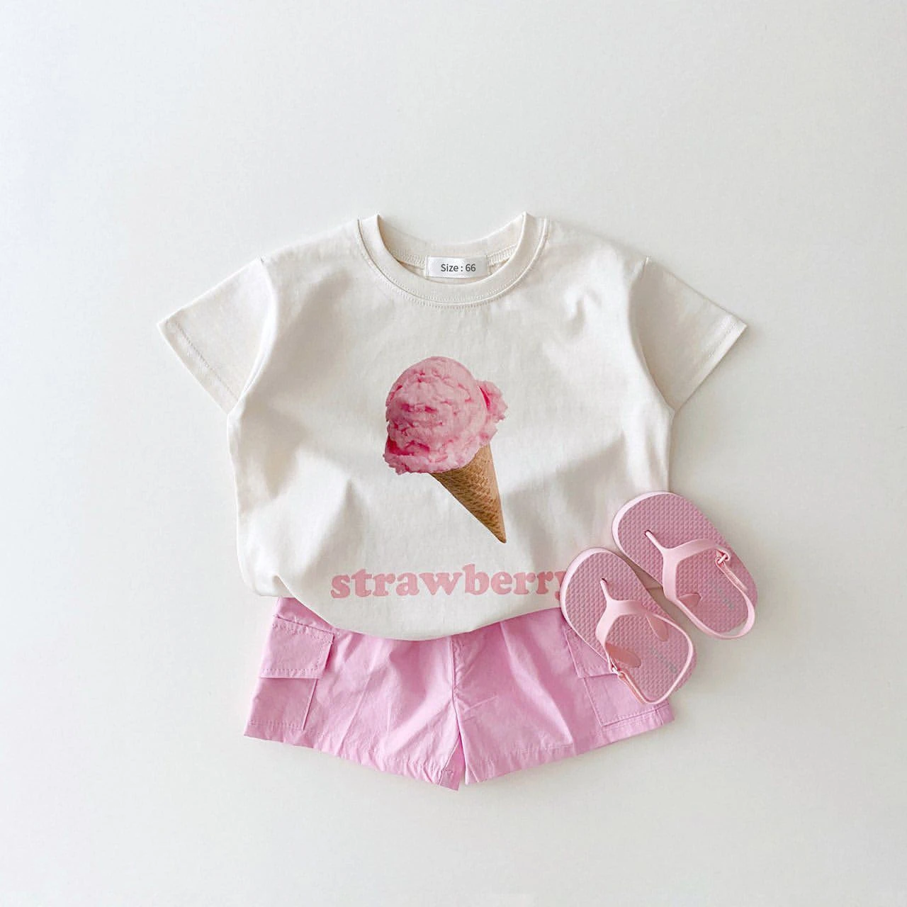 

2023 Korean Kids Clothes Set Baby Boys Organic Cotton Ice Cream T shirts and Pinkycolor Linen Shorts For Baby Girls Harem Pants